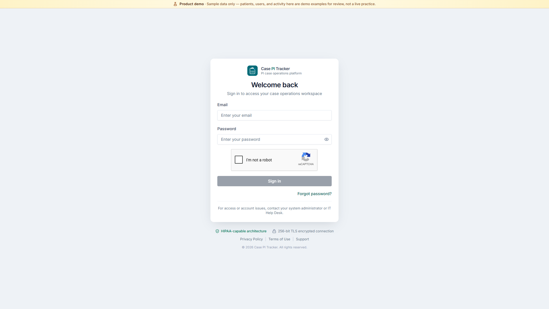 Demo sign-in at demo.casepitracker.com