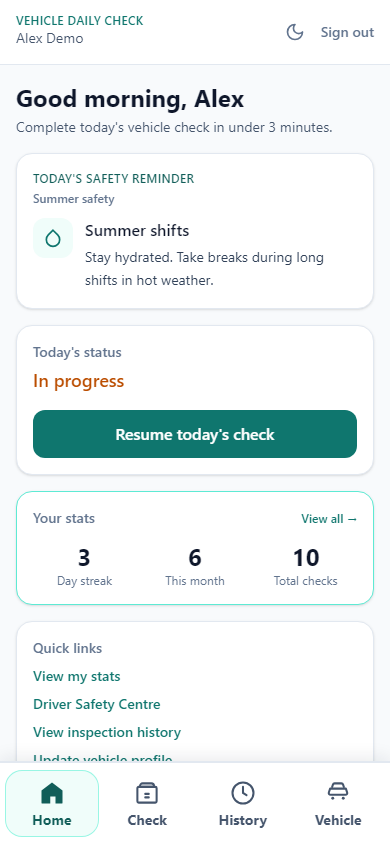 Driver dashboard on phone