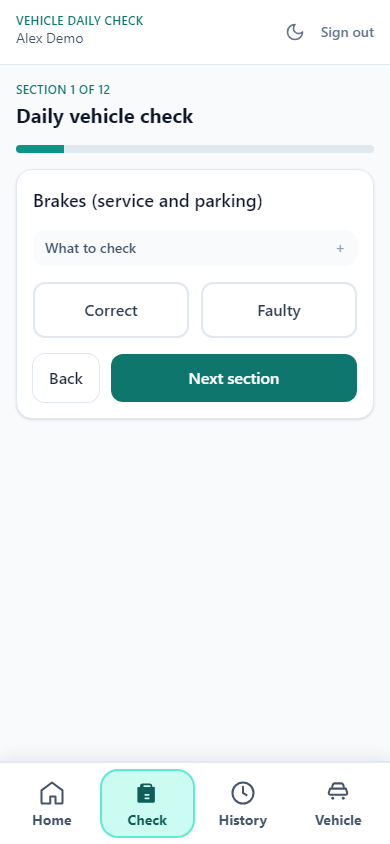 Inspection checklist section